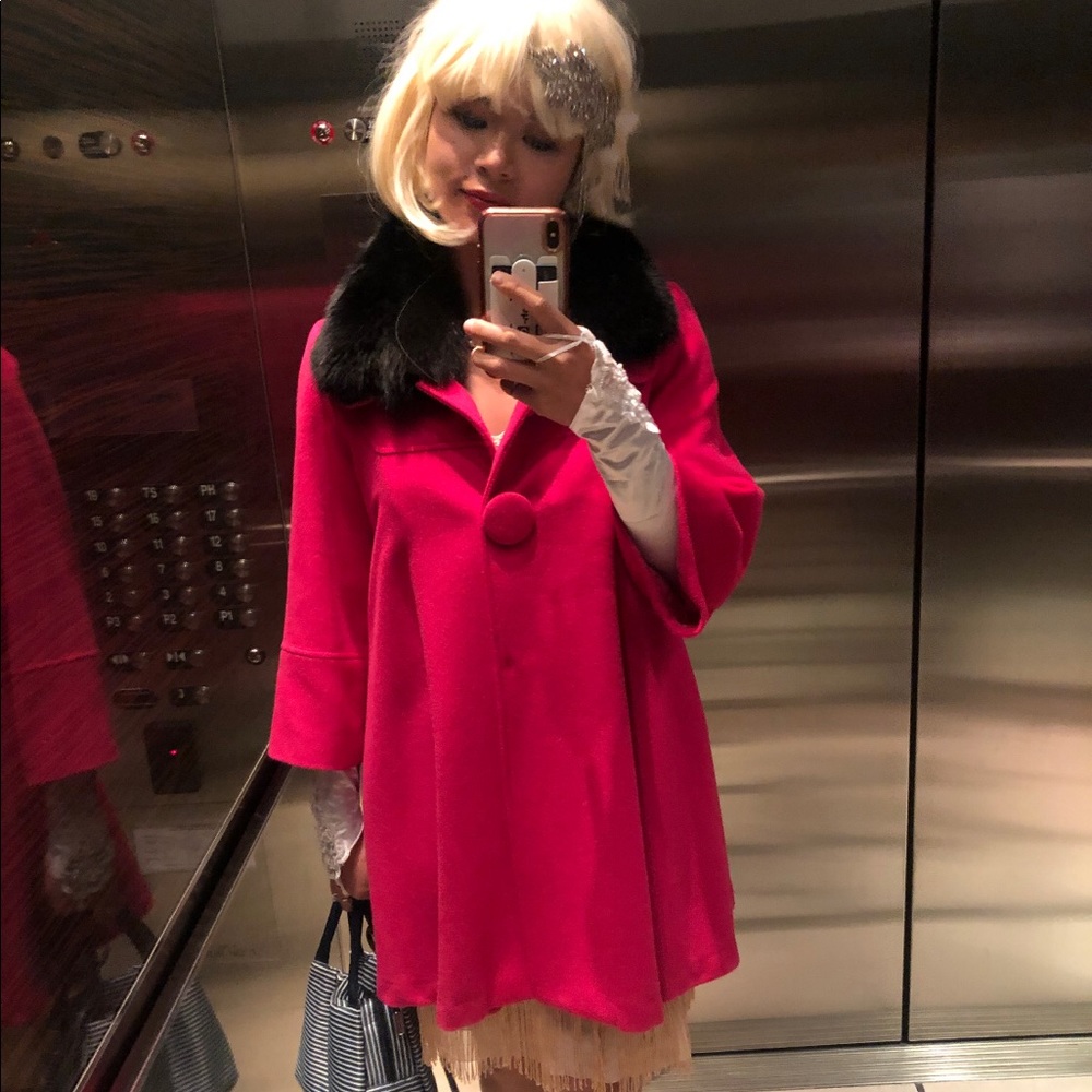 NEW hot pink wool coat with faux fur neck warmer